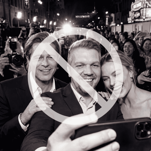 Színes, élénk eseményfotó, ahol elégedett emberek készítenek közös szelfit, divatos és modern érzést keltve.