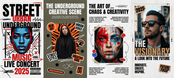 Utcane street art koncert 2025, élénk színek és szöveg a városi kultúra bemutatására.