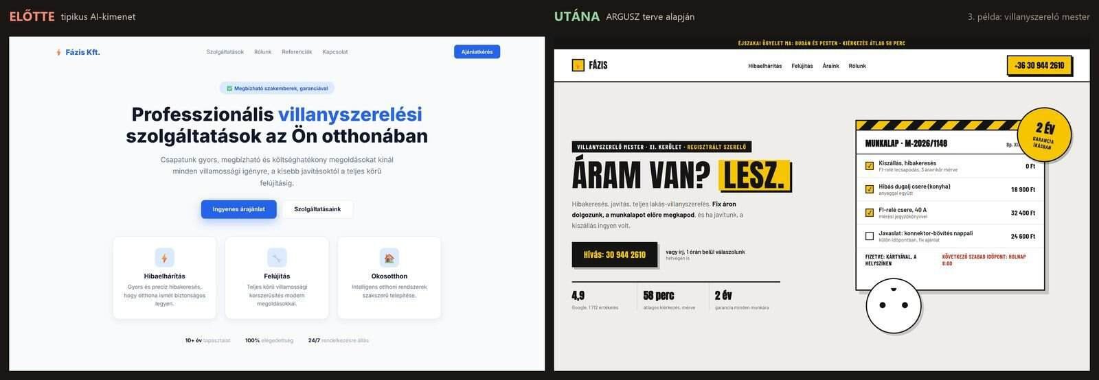 Villanyszerelő weboldala: balra a tipikus AI-kimenet, jobbra az ARGUSZ terve alapján készült változat.